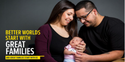 Family-centered outreach photo showing community engagement with the message Better worlds start with great families