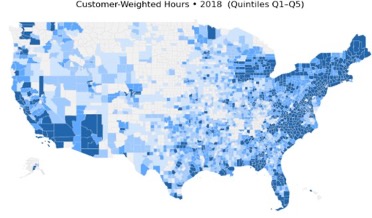 U.S. county-level choropleth map showing customer-weighted outage hours in 2018, with quintile-based energy burden classification (Q1 lowest to Q5 highest) revealing geographic patterns of power outage exposure across the continental United States