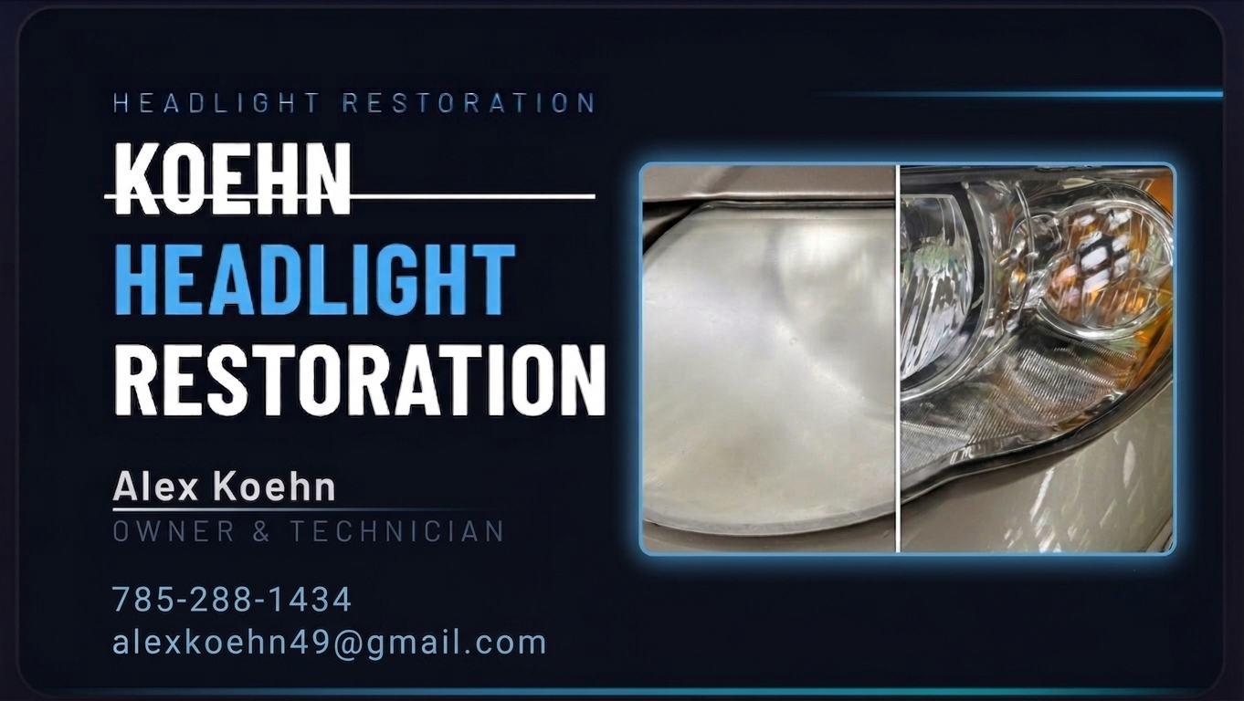 Koehn Headlight Restoration — before and after of a foggy headlight restored crystal-clear