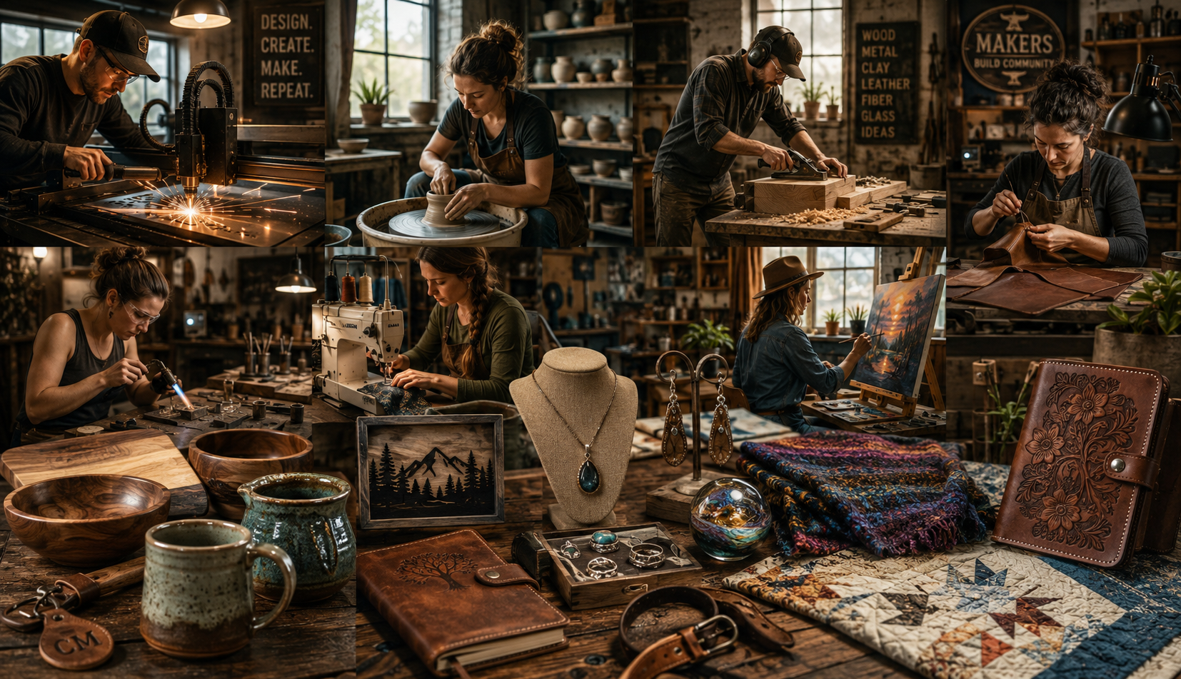 Crafters Market makers — metalwork, pottery, woodworking, leather, jewelry, painting, quilting, and more