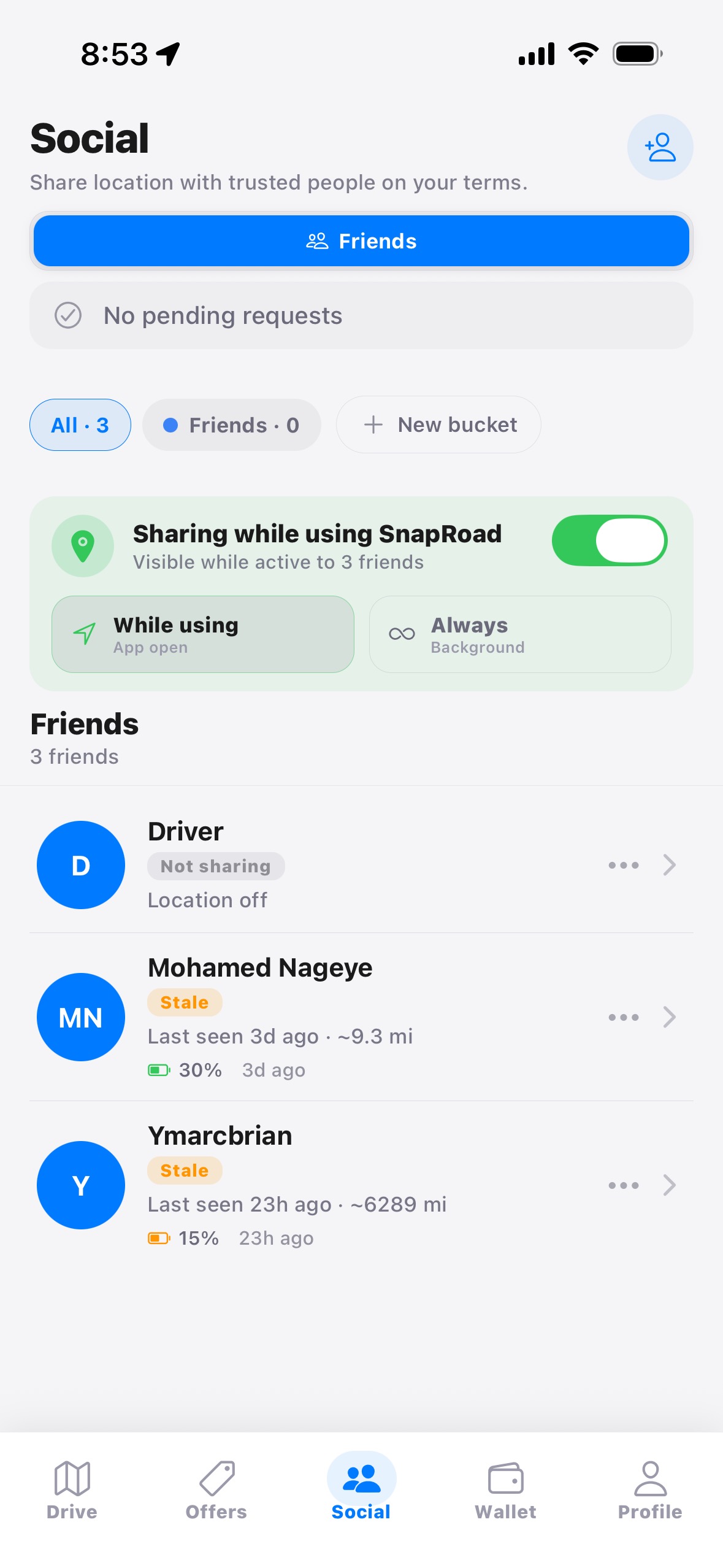 SnapRoad Social and Family sharing screen