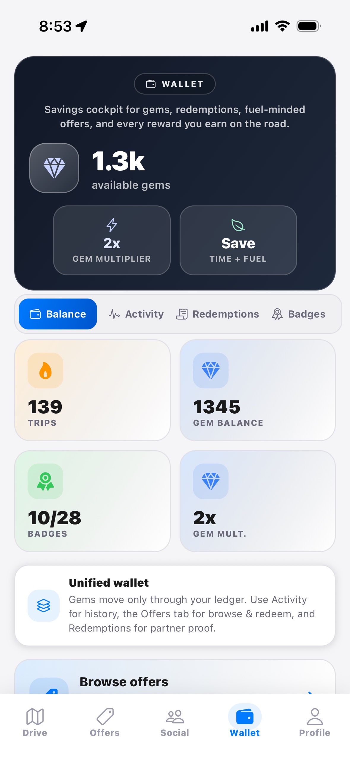 Wallet with gems, badges, trips