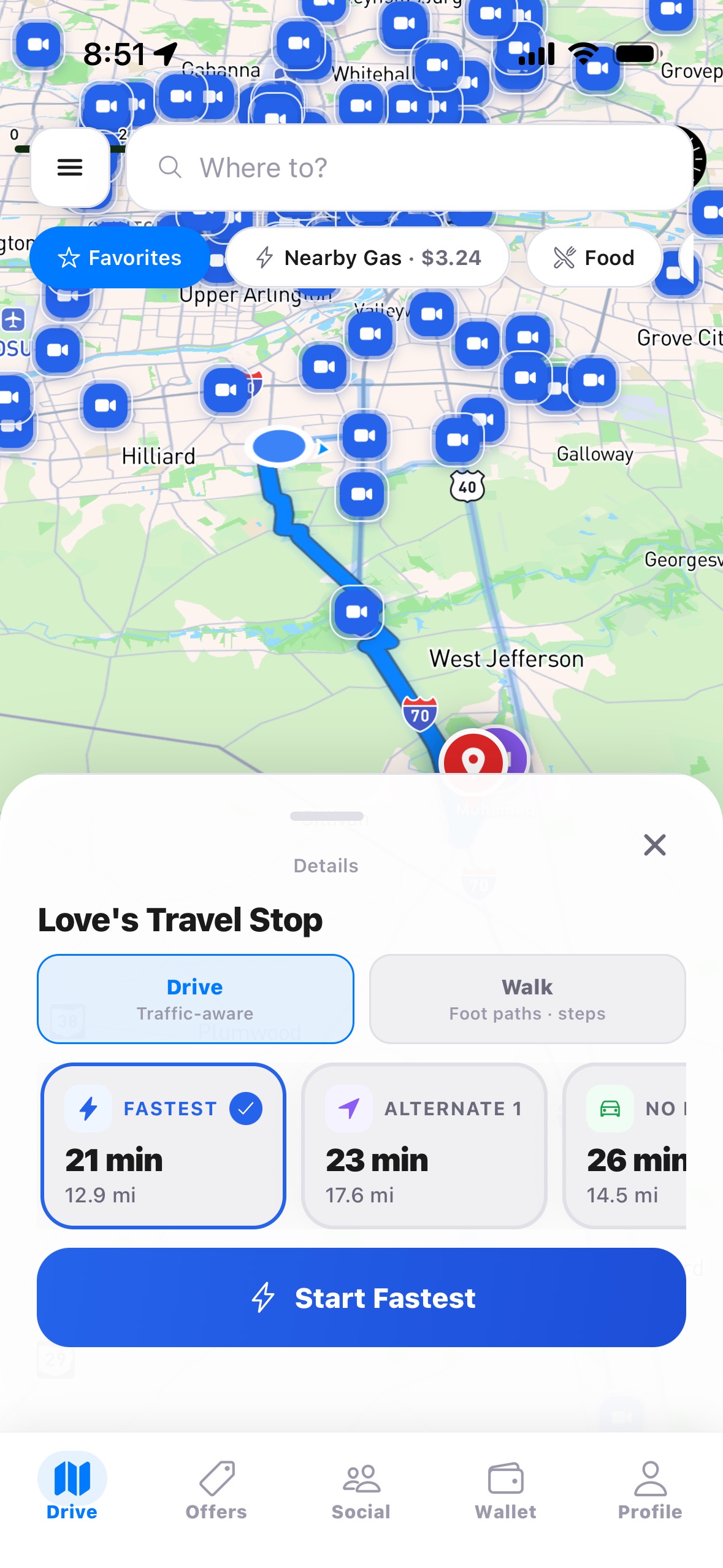 Route preview with traffic cameras across the map