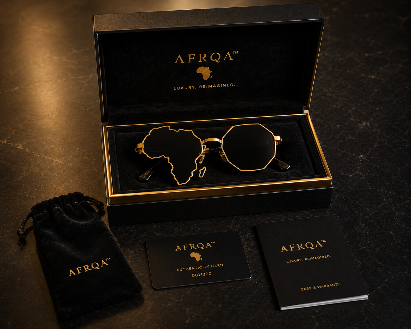 AFRQA luxury black and gold packaging