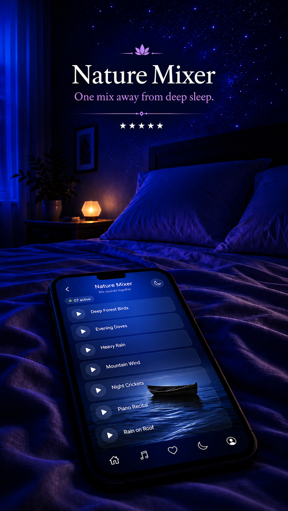 Nature Mixer screen with a phone on a moonlit bed