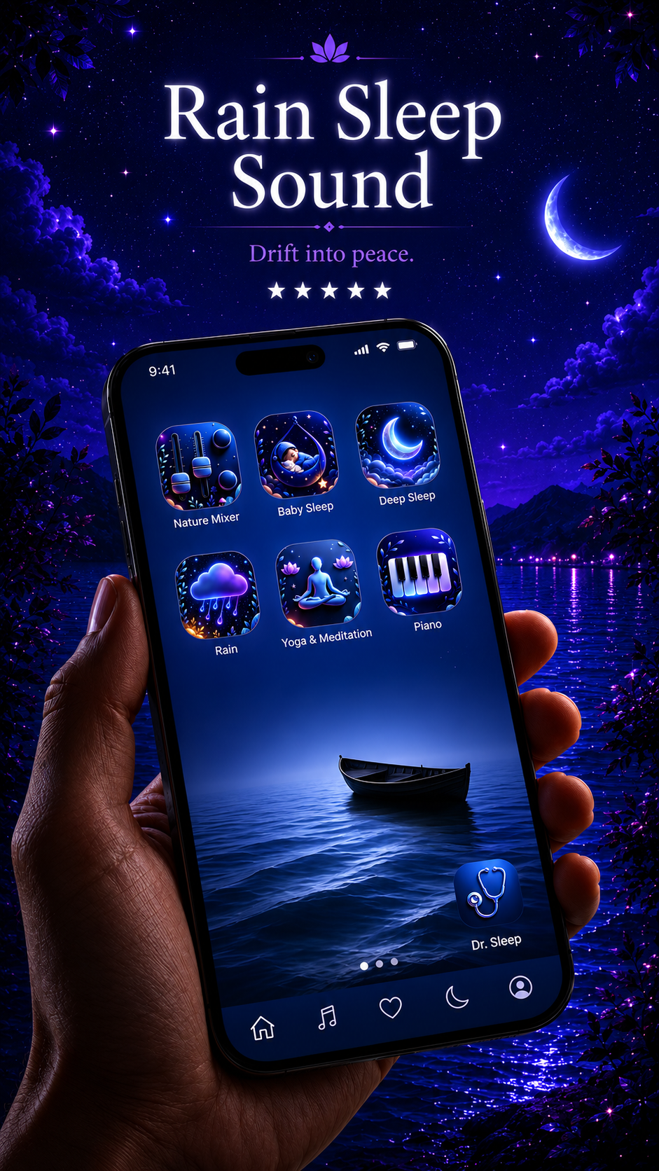 Rain Sleep Sound app categories against a starry blue night