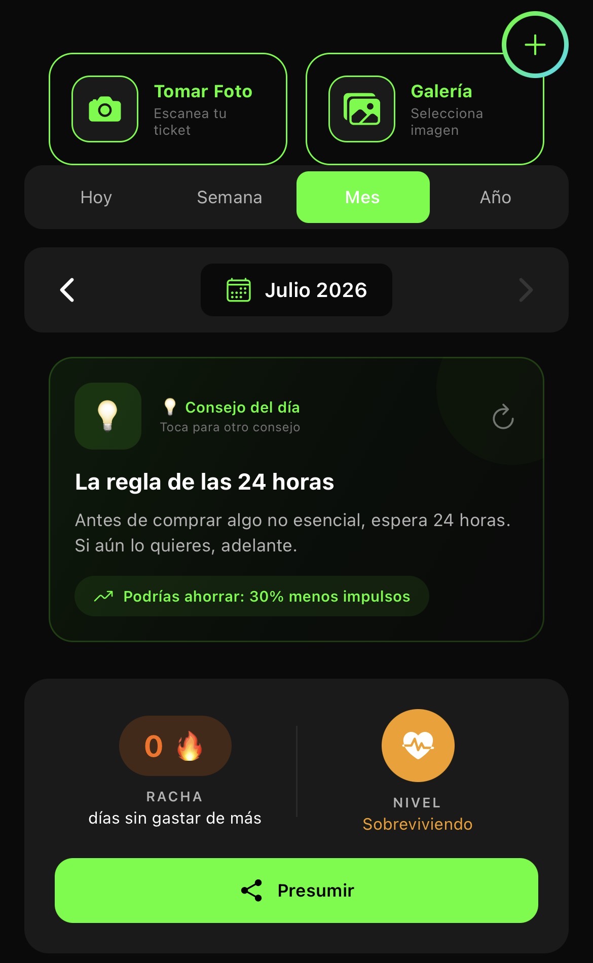 Dashboard Quítamelo — Racha, Nivel Sobreviviendo y Consejo del día