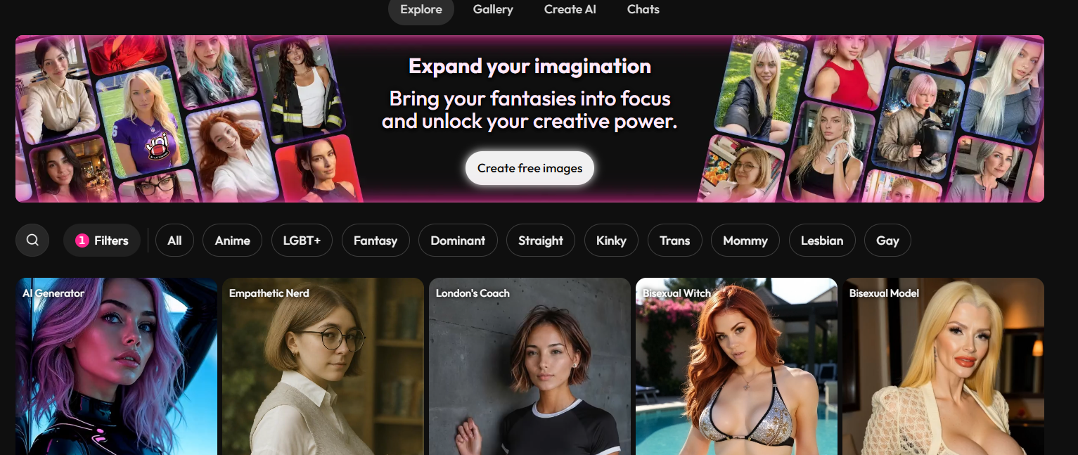 Joi AI Explore page screenshot showing the AI companion character gallery and category filters
