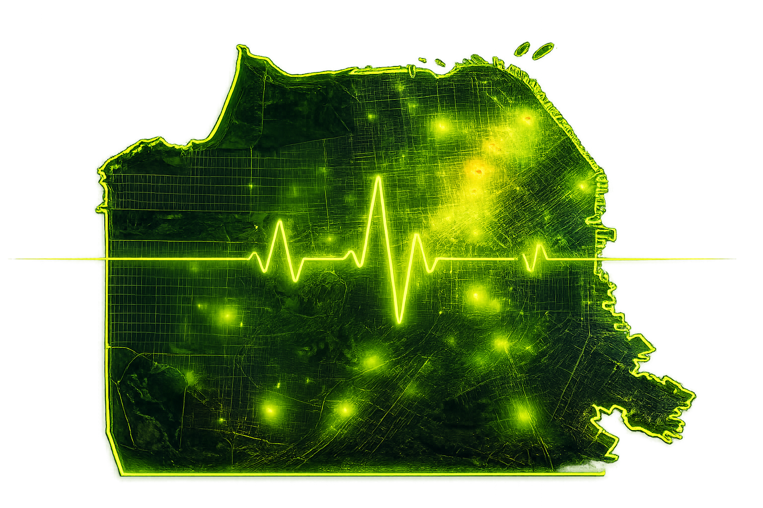 Neon outline of San Francisco with a pulse line through it