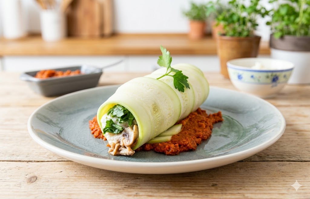 Cannelloni de courgette crue, sauce méditerranéenne