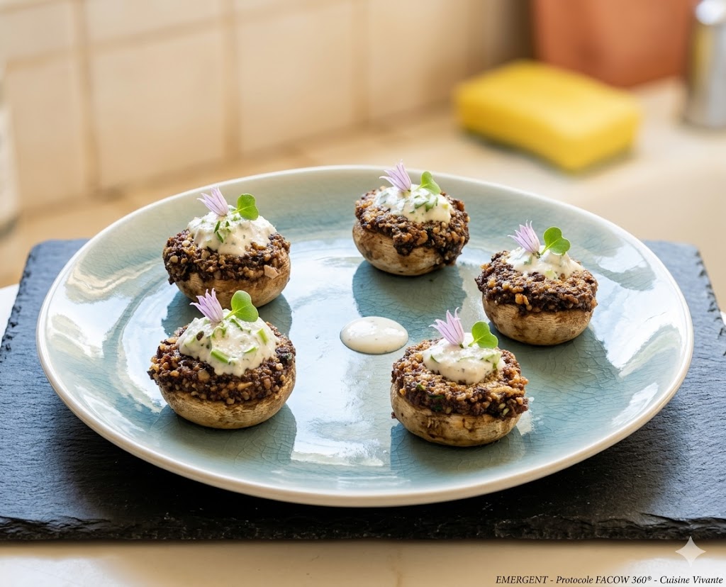 Champignons farcis aux graines, fleurs comestibles