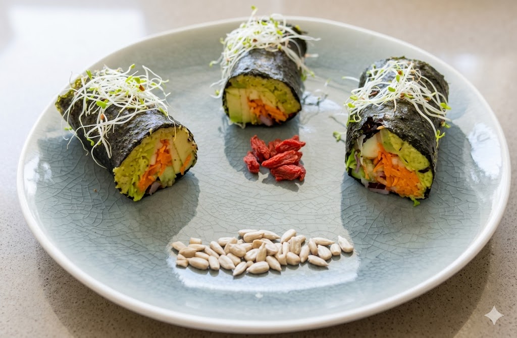 Maki de nori cru, légumes croquants & germes
