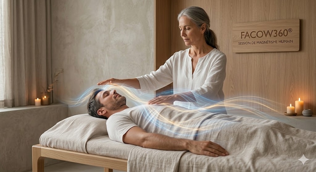 Séance de magnétisme FACOW360 — circulation cyan et or sans contact direct