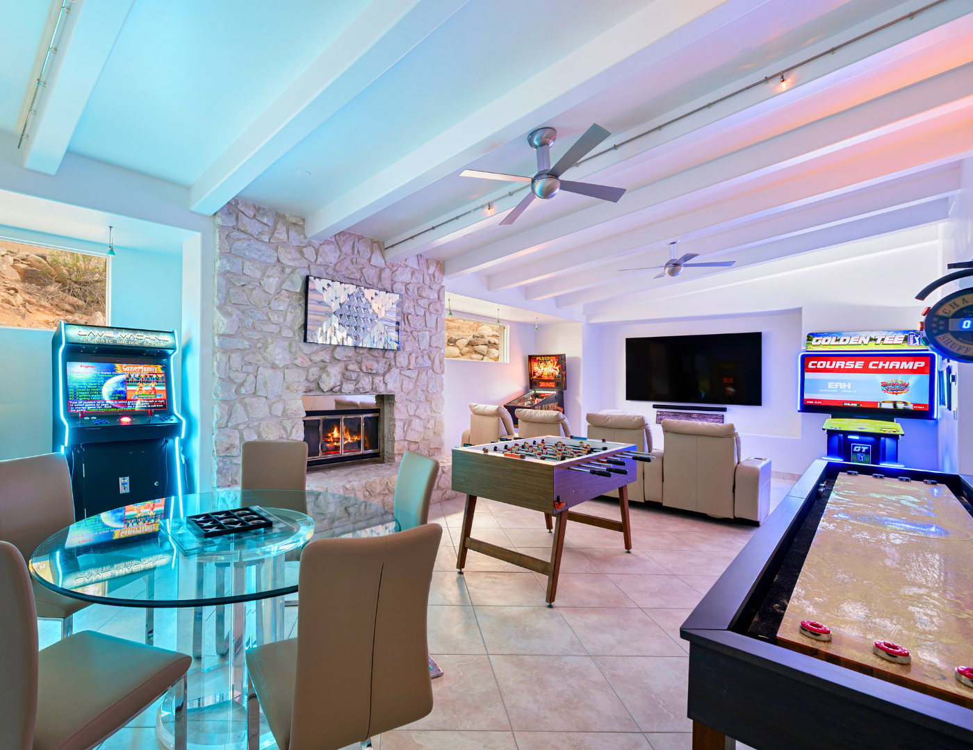 Vintage arcade lounge — foosball, shuffleboard, pinball