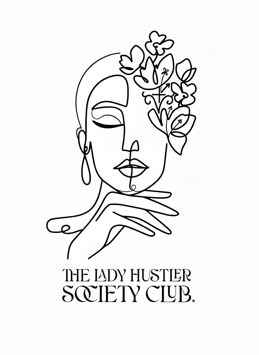The Lady Hustler Society Club logo - line art illustration of a woman with flowers