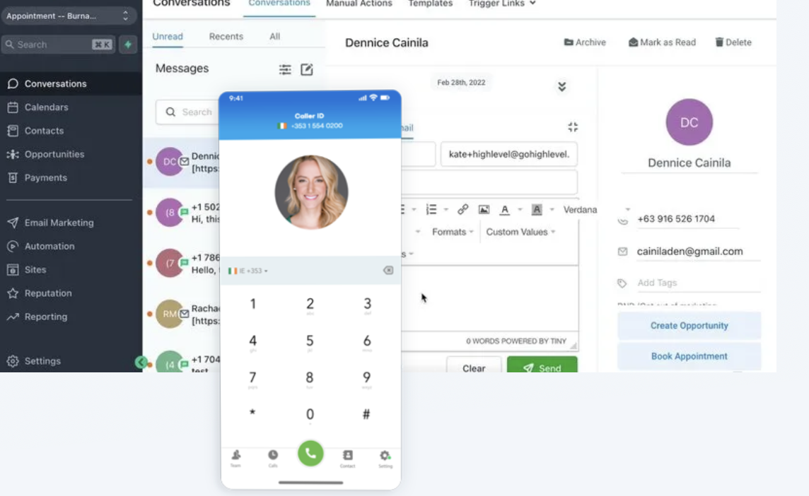 The Société conversations and communication hub showing unified inbox, phone calls, contacts management, and client communication tools