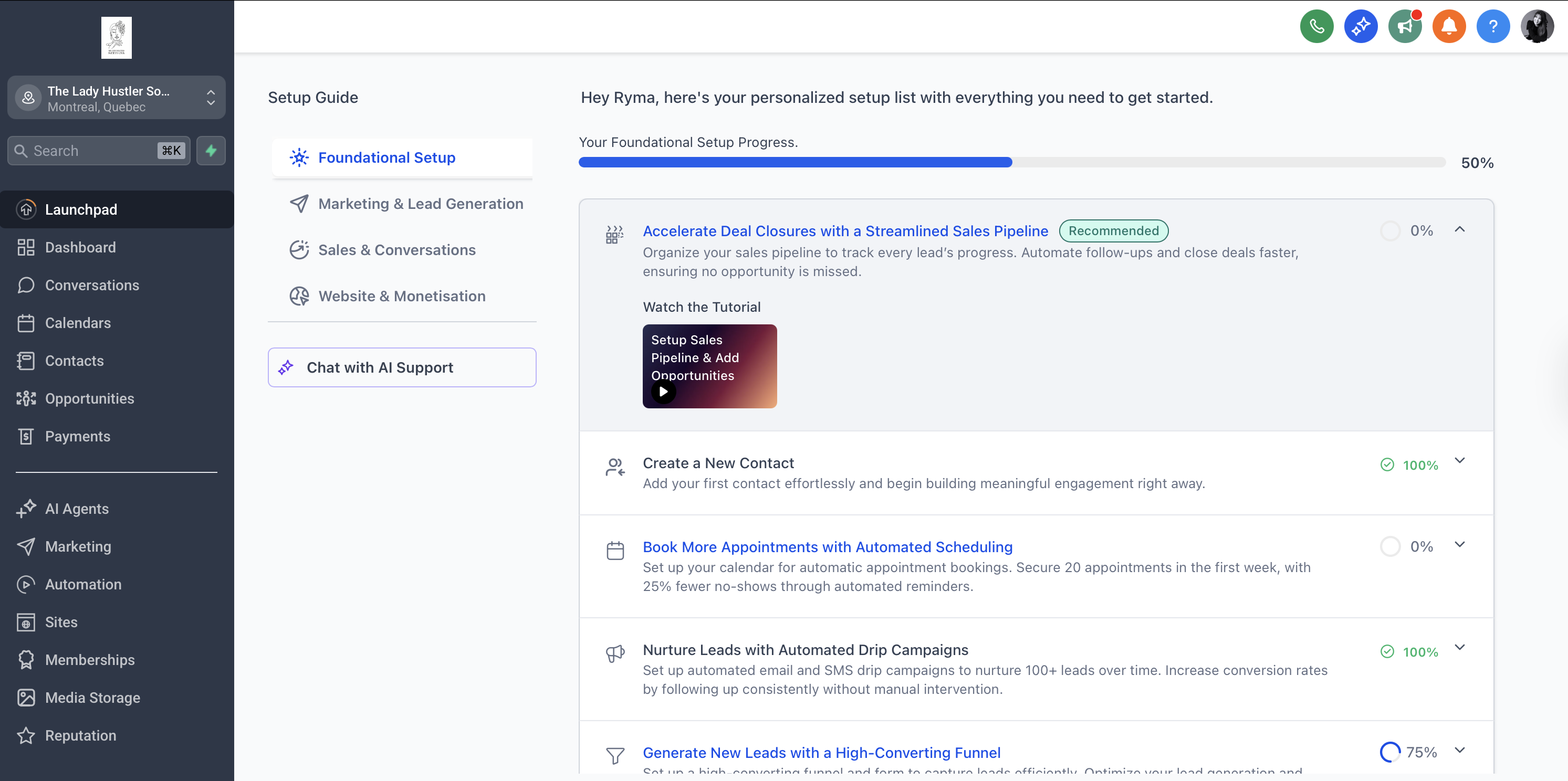 The Société dashboard showing setup guide, launchpad, and business management features including CRM, marketing, automation, and payments