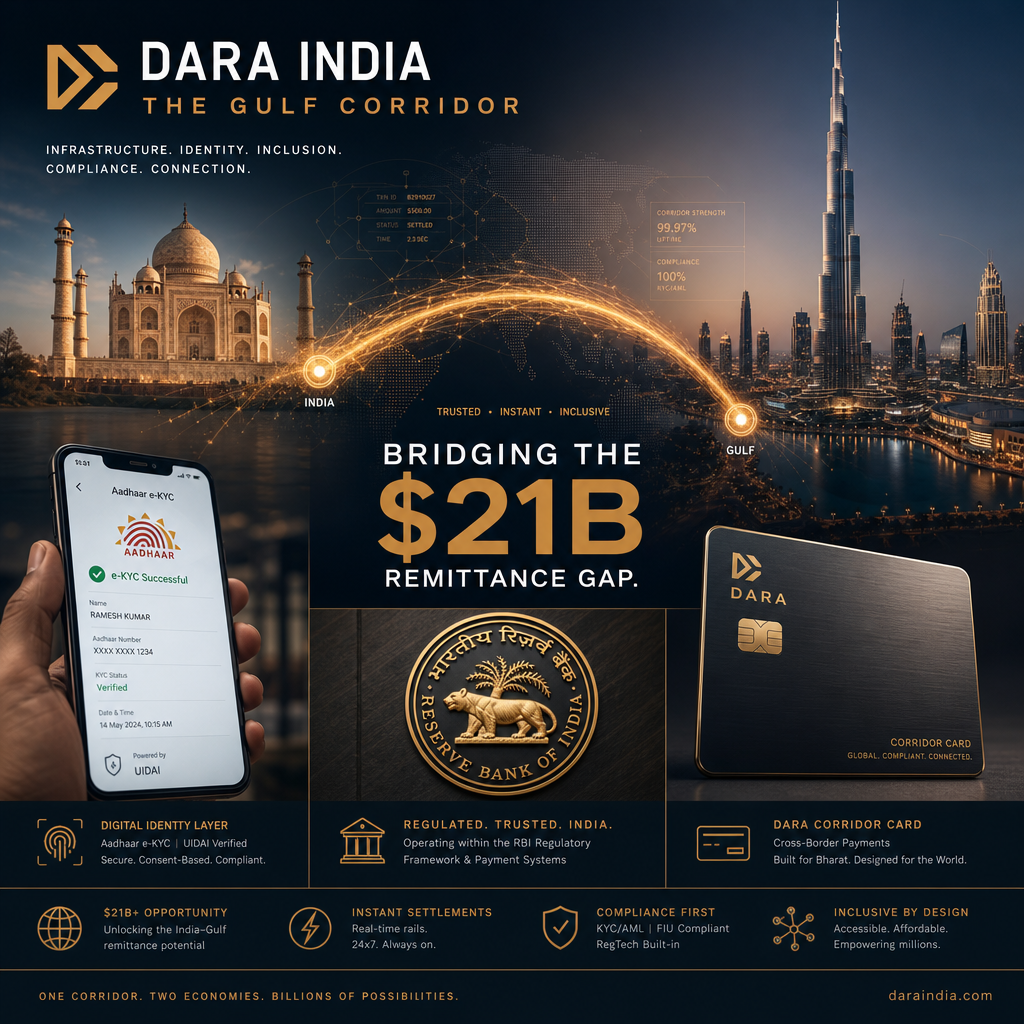 DARA India — The Gulf Corridor · Bridging the $21B India-Gulf remittance gap · Aadhaar e-KYC + RBI Regulatory Framework + DARA Corridor Card