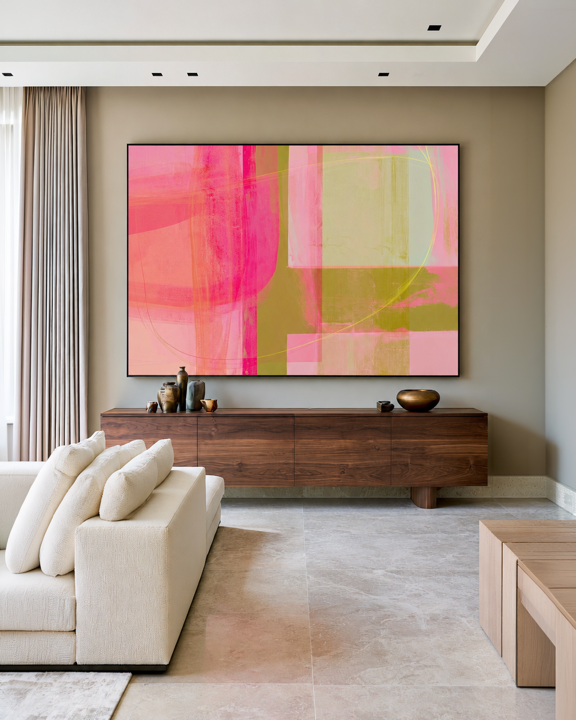 Een groot CollageDepot kunstwerk in een serene woonkamer