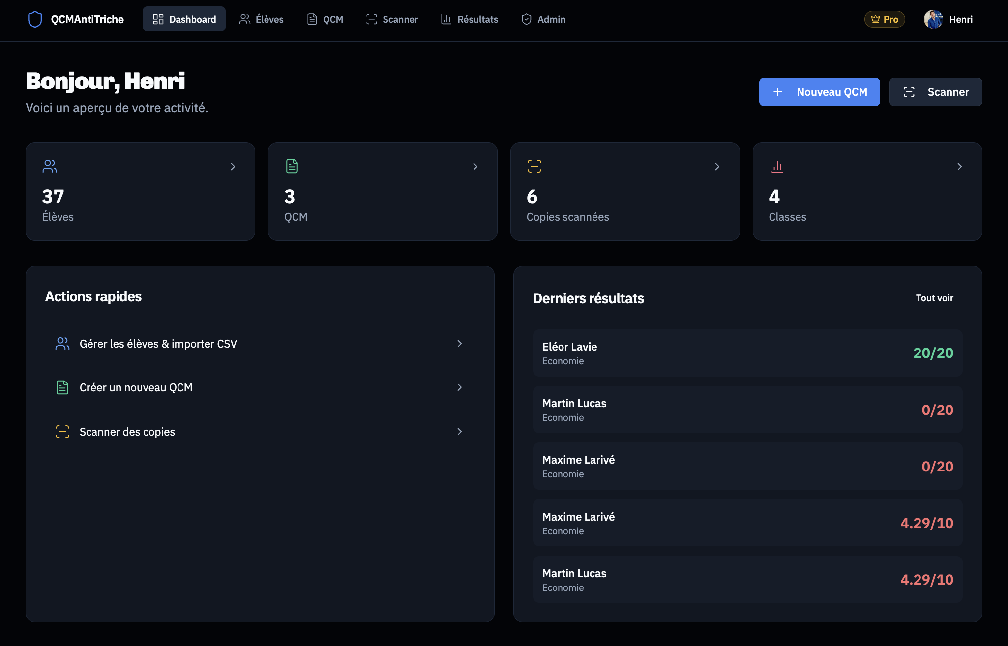 Aperçu de la plateforme QCMAntiTriche