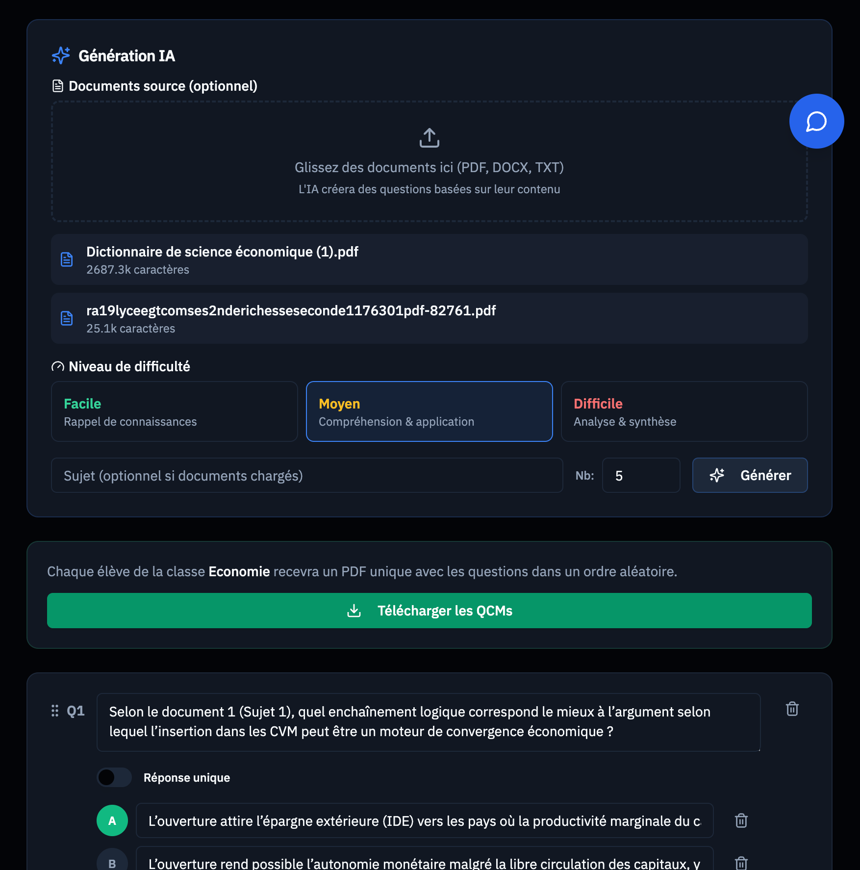 Interface de création de QCM