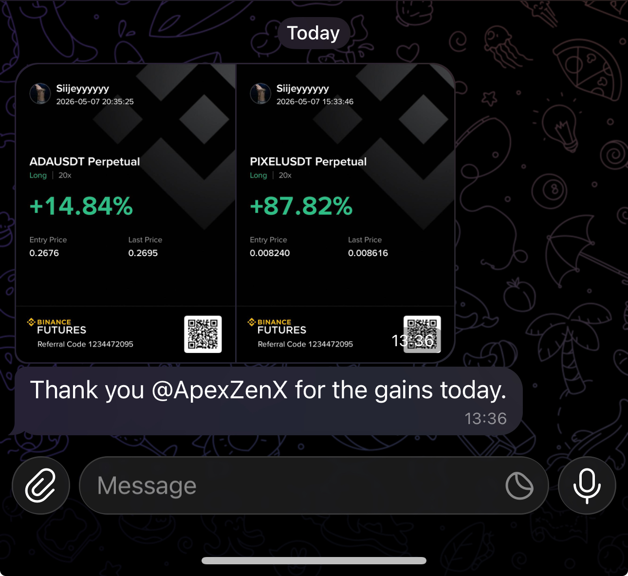 Siijeyyyyy: 'Thank you @ApexZenX for the gains today'. ADA +14.84% / PIXEL +87.82%