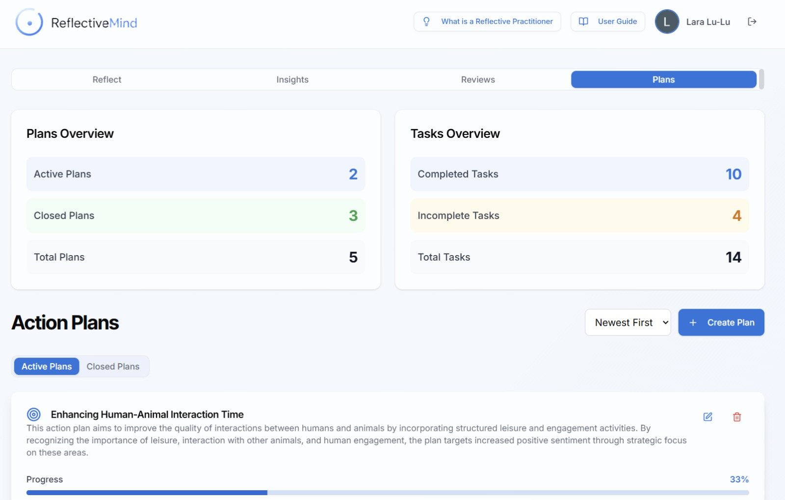 Plans tab — plans overview and task dashboard at a glance: active vs closed plans, completed vs incomplete tasks.
