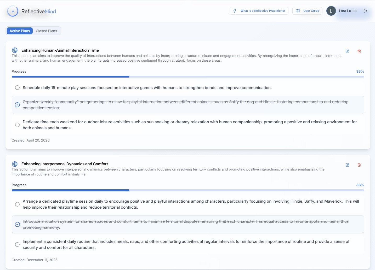 Action Plans — turn AI insights into concrete plans with checkable tasks and visible progress bars.