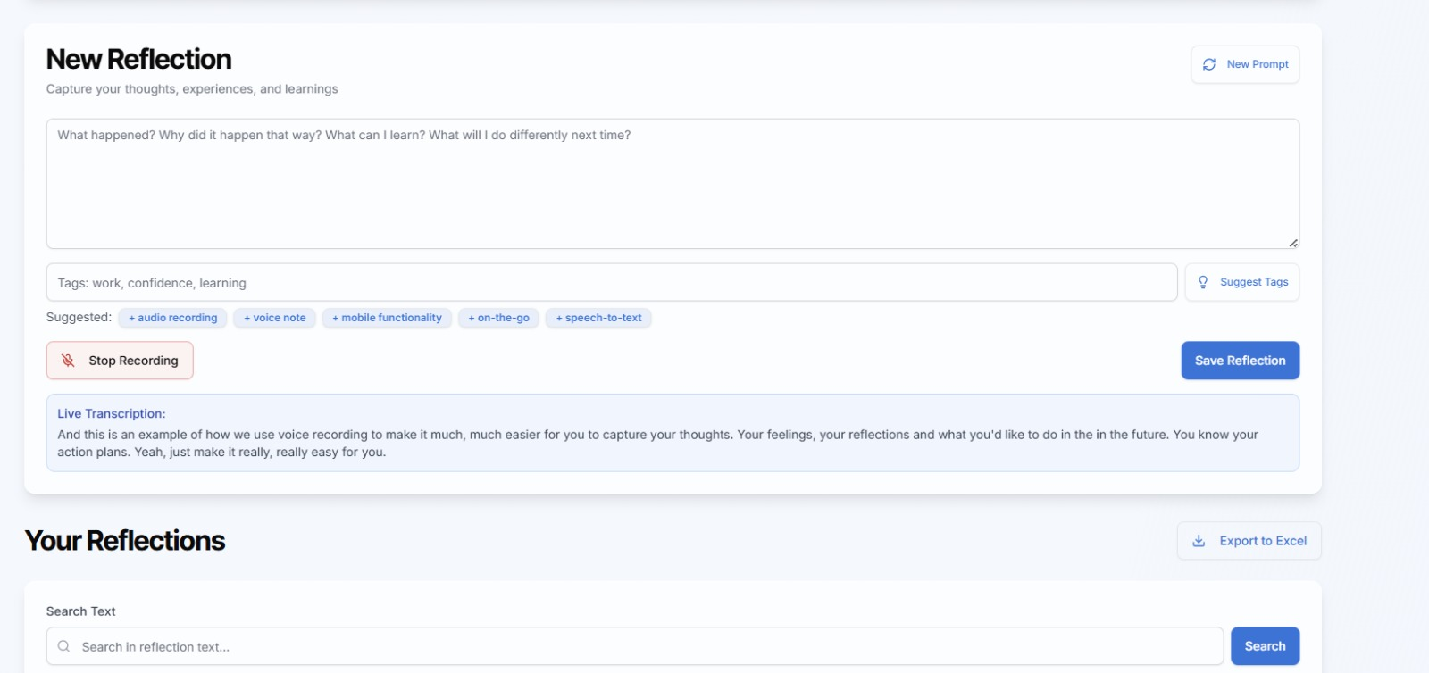 New Reflection composer — type or dictate with live transcription, suggested tags, and instant save.