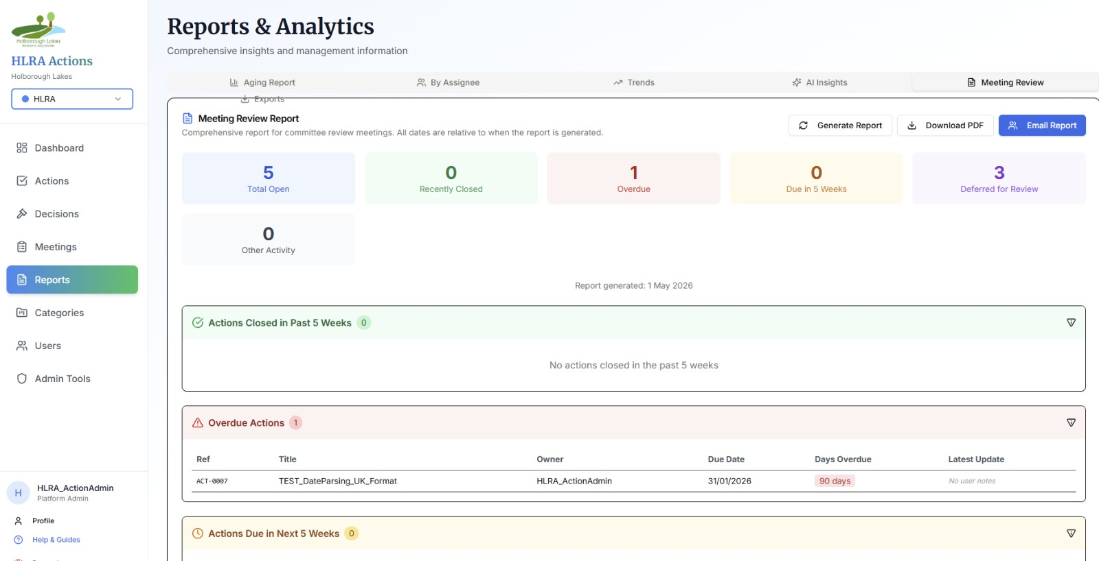 Reports · Meeting Review — the pre-meeting pack: Total Open, Recently Closed, Overdue, Due in 5 Weeks, Deferred for Review, plus a detailed overdue-actions list. One click to Generate / Download PDF / Email.