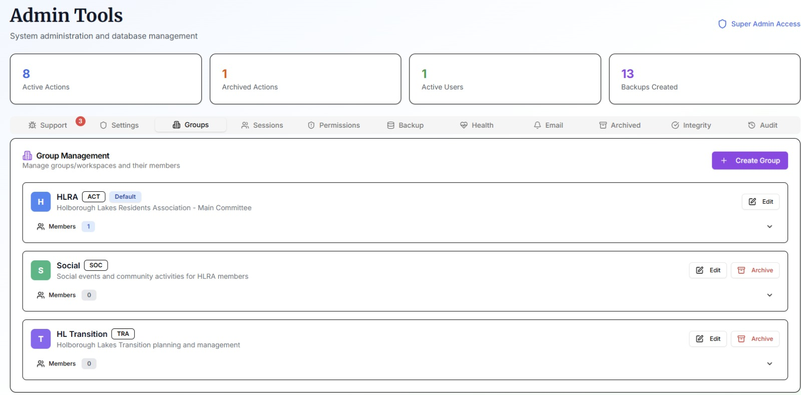 Admin Tools · Groups — multi-tenant workspaces (HLRA / Social / HL Transition) each with their own reference prefix (ACT / SOC / TRA), members, and archiving.