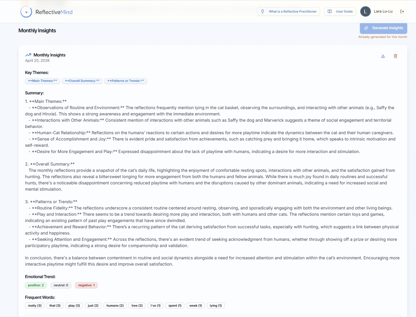 Insights tab — AI-generated monthly summary with main themes, patterns, emotional trend breakdown, and frequent words.