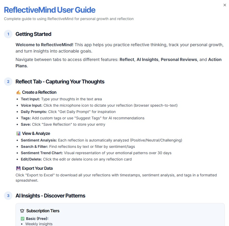 User Guide — every feature explained in plain language, accessible from any tab.
