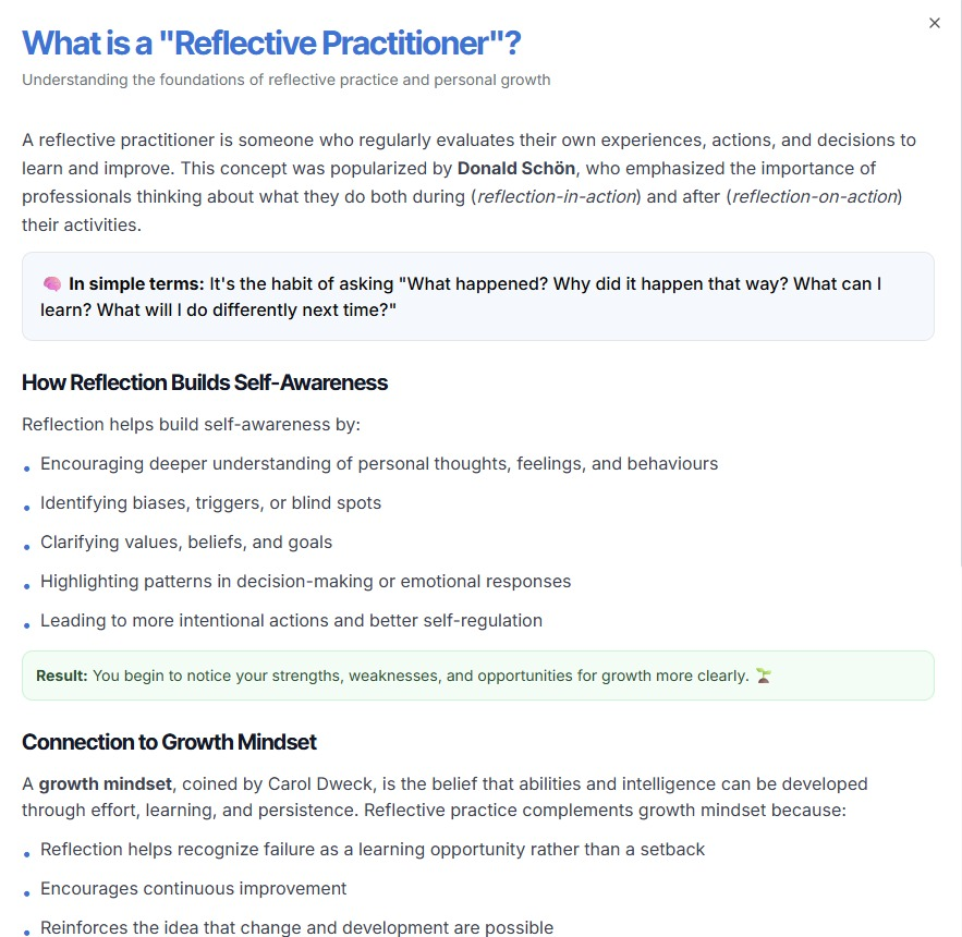 Built-in 'What is a Reflective Practitioner?' guide — onboarding for the curious, grounded in Schön's reflection-in-action and Dweck's growth mindset.