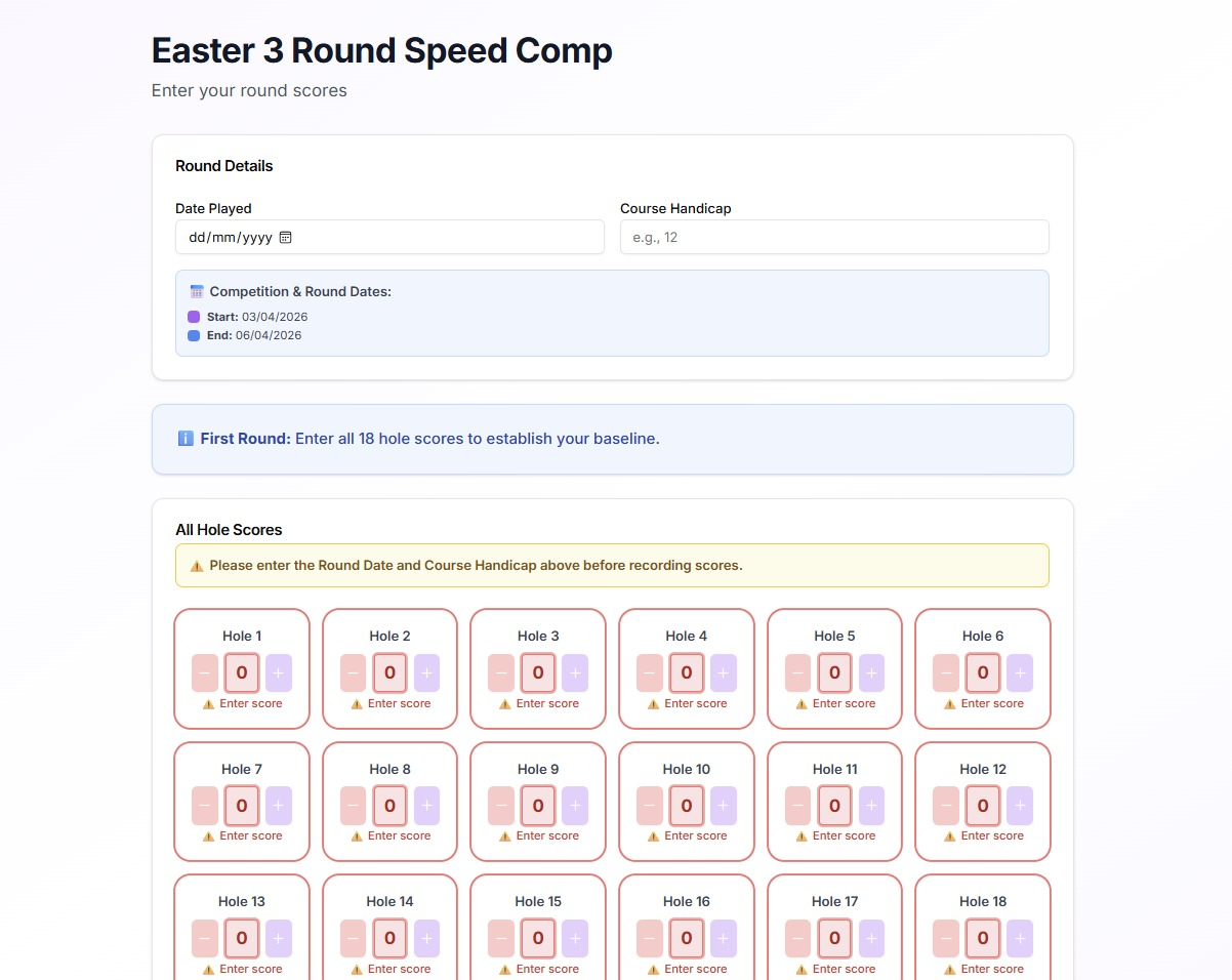 Round score entry — pick the date played and course handicap, then tap +/- on each of the 18 holes. First round establishes the baseline, later rounds can only improve it.