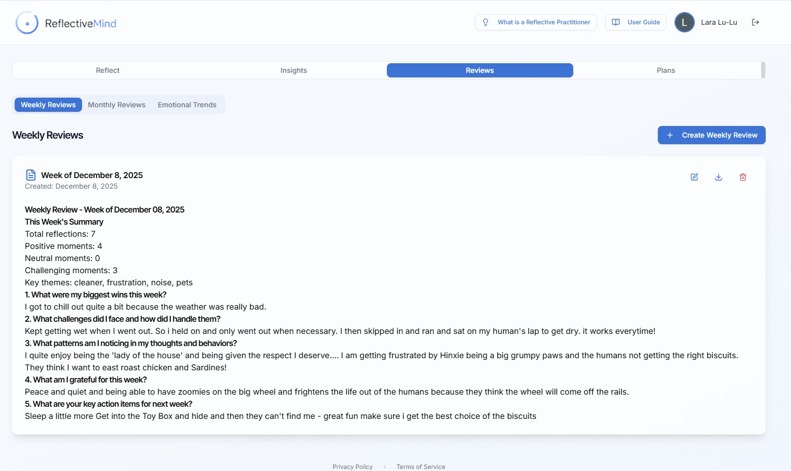 Reviews tab — structured weekly review captures wins, challenges, patterns, gratitude, and next-week action items.