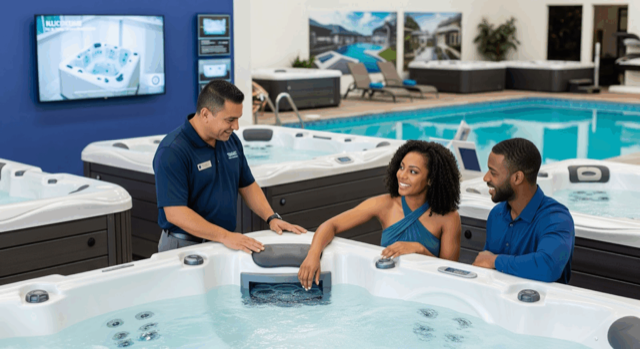 Staff helping customers in showroom