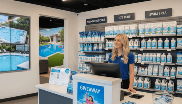 Store front desk with chemicals display
