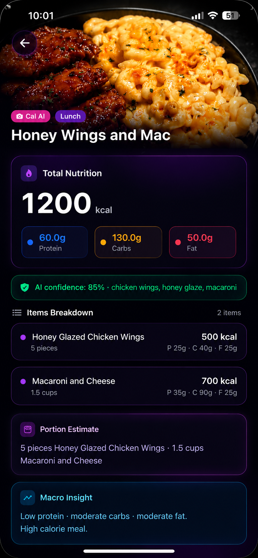 AI Food Scan — Honey Wings and Mac