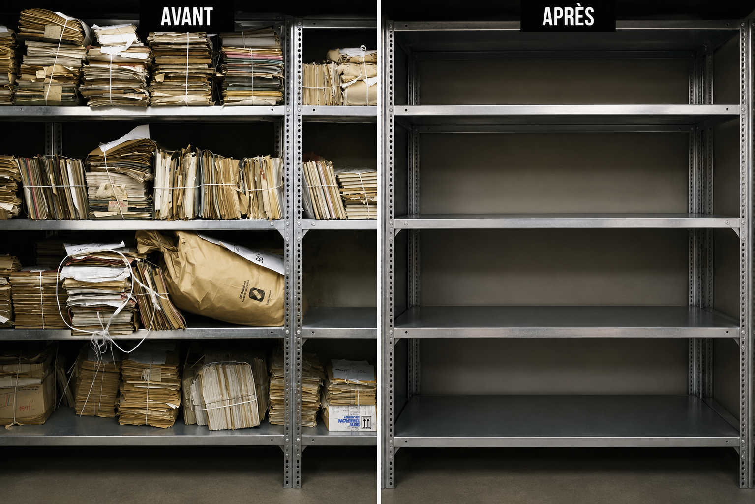 Salle d'archives avant et après intervention ArchivExpress — étagères saturées de dossiers puis entièrement vidées