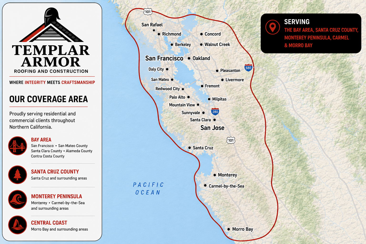 Templar Armor Northern California coverage area map