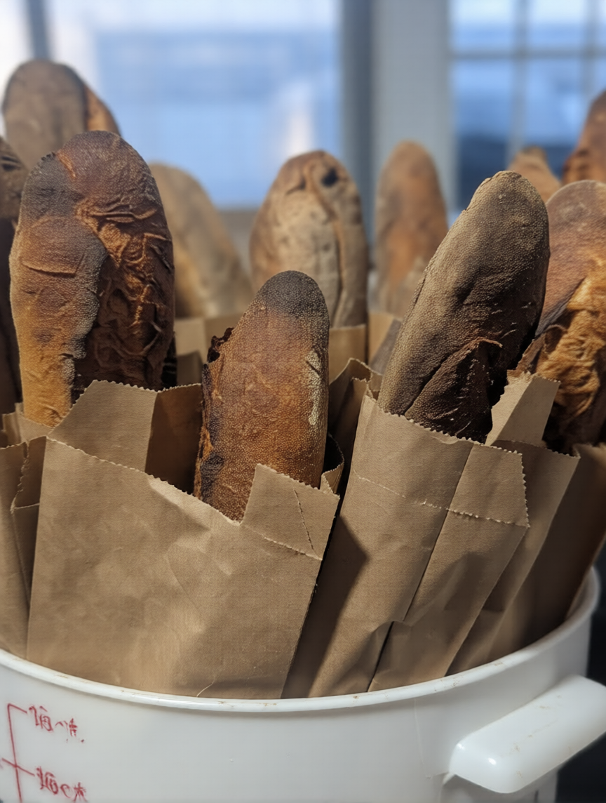 Fresh baguettes in paper bags