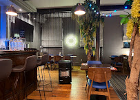 Red chairs and wooden floor