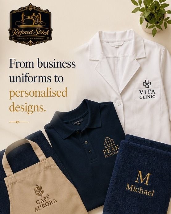 Refined Stitch — embroidered lab coat, polo, apron and personalised towel