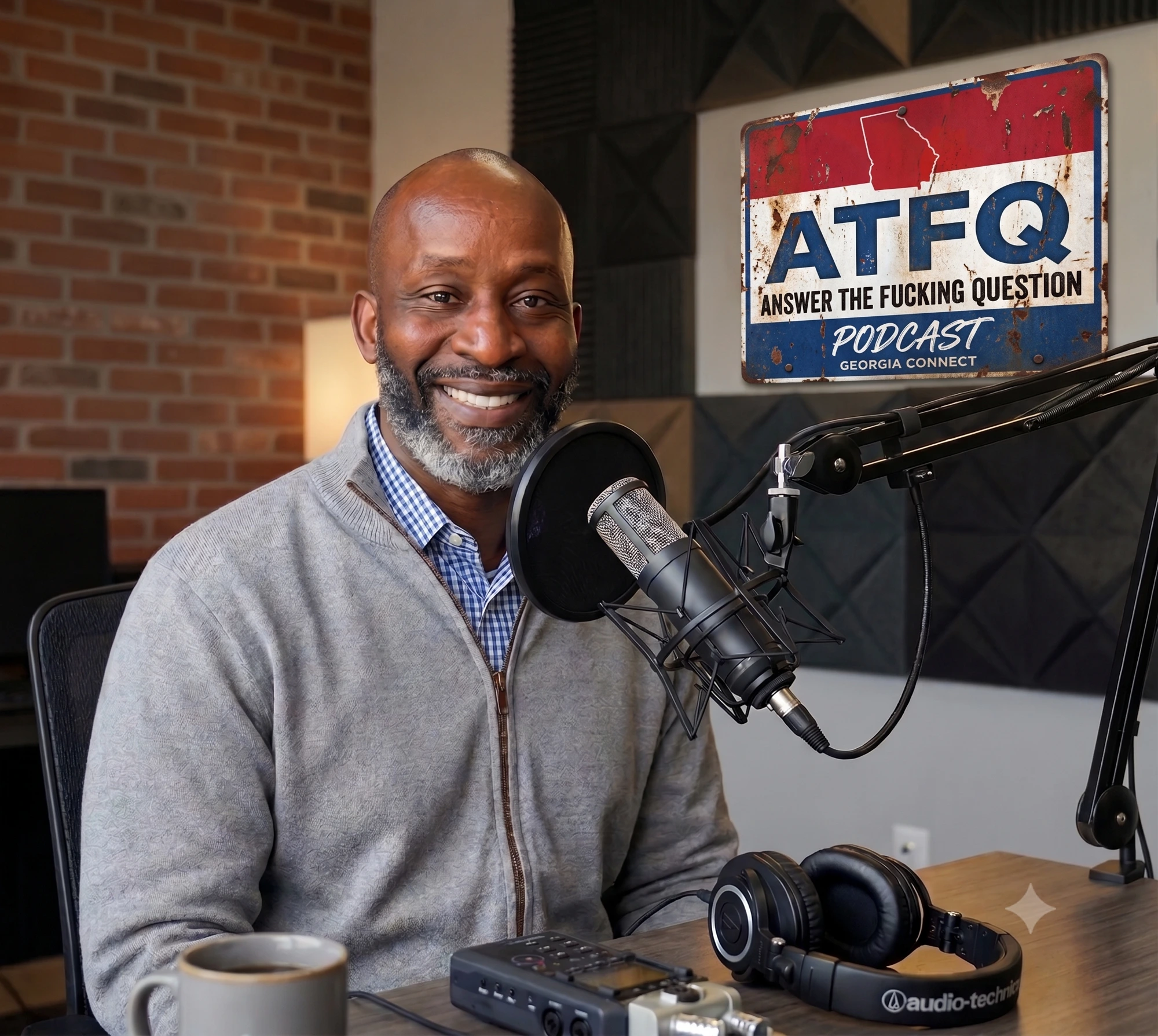 Vic Appiah in his podcast studio — microphone, headphones, and the ATFQ Answer The F**king Question road-sign on the wall behind him