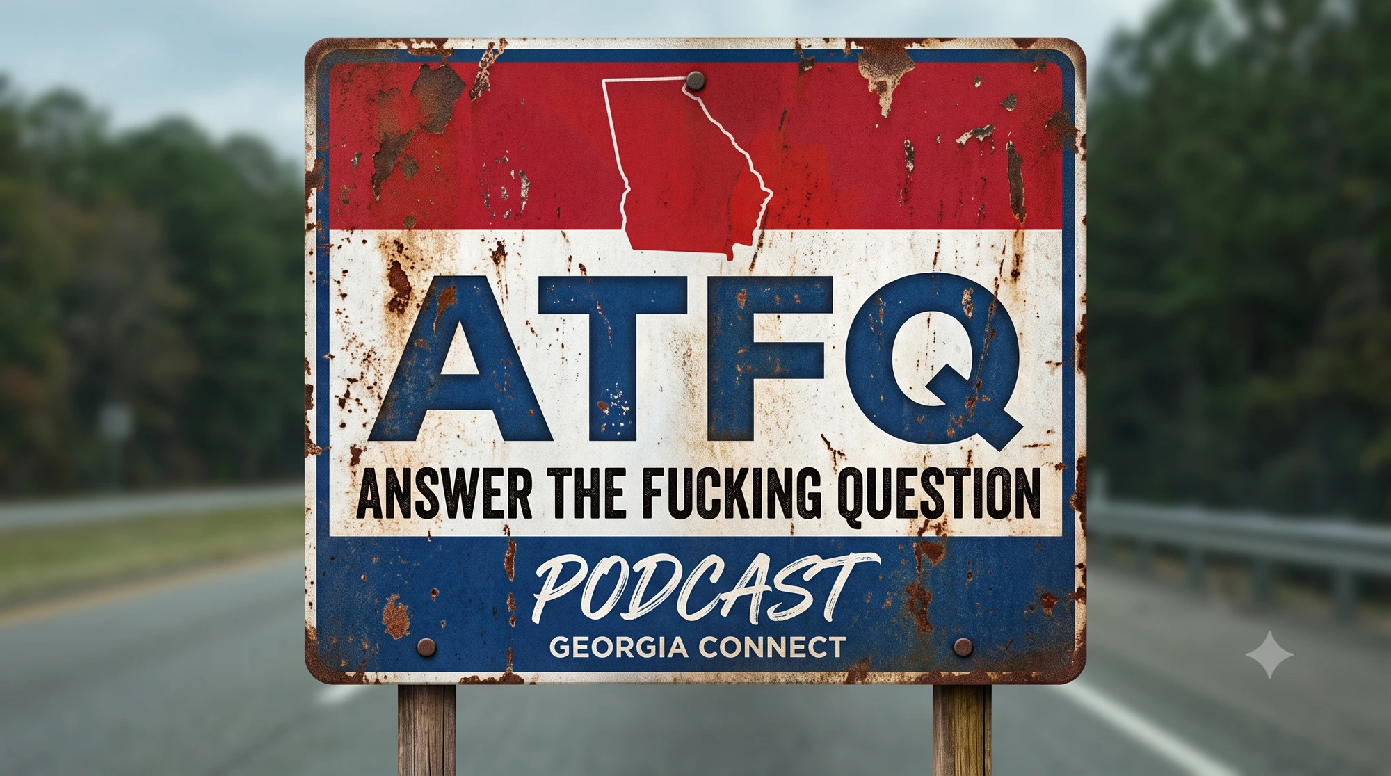 ATFQ · Answer The F**king Question podcast — weathered Americana road-sign with the Georgia state outline