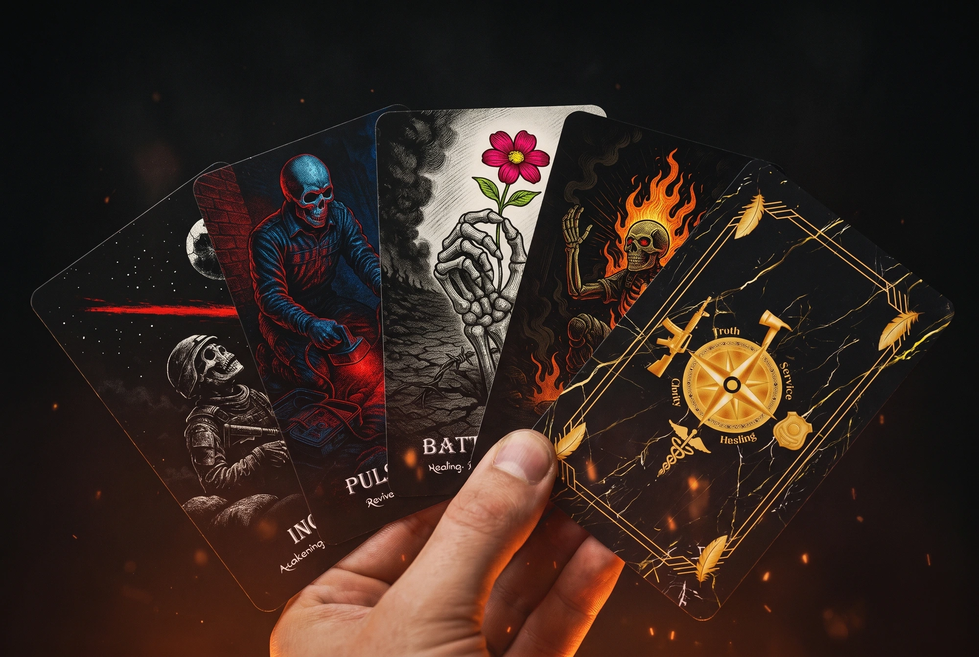 Sacred Frontline oracle deck box with cards on concrete