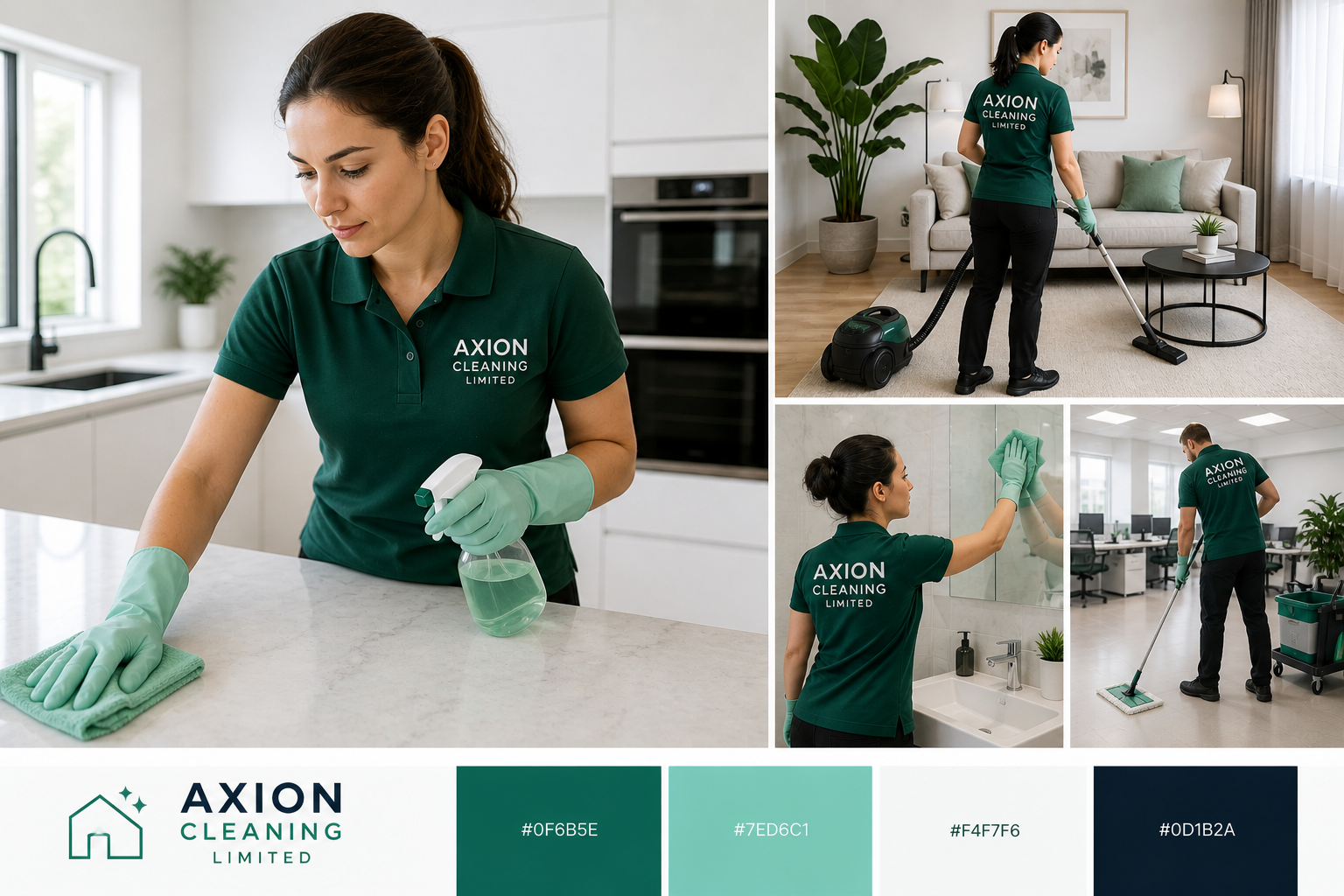 Professional AXION cleaners in branded polos delivering domestic, residential, bathroom and office cleaning