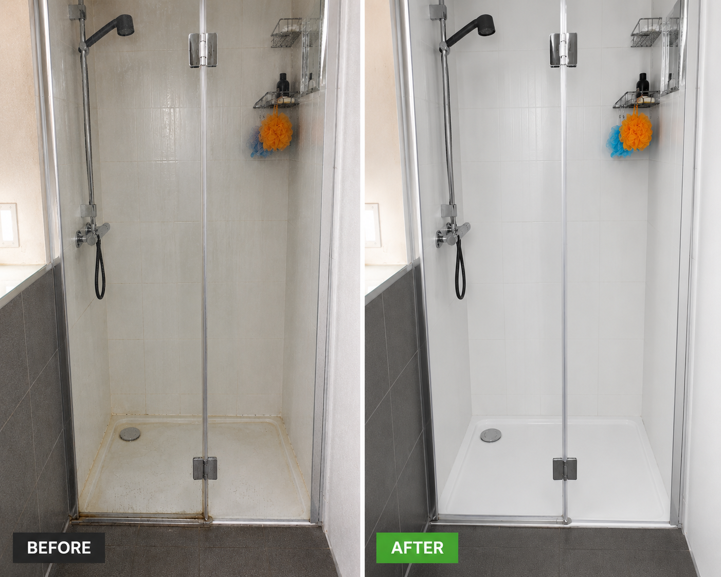 Shower cubicle · grime to gleaming