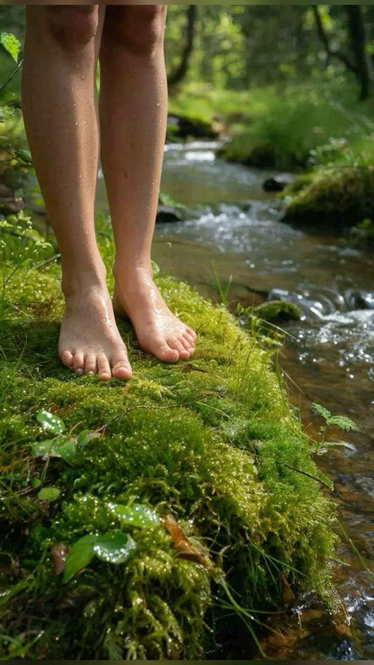 Piedi scalzi in ruscello nella foresta - Earthing